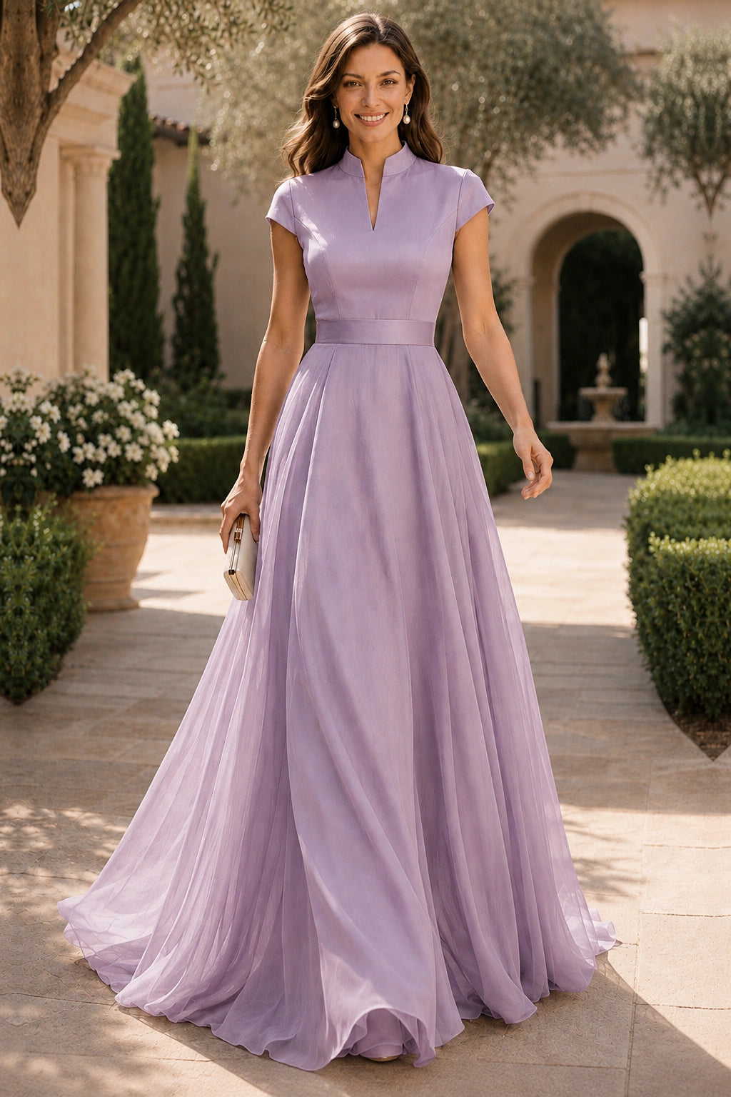 V Neck Cap Sleeve A-Line Floor-Length Satin Bridesmaid Dress
