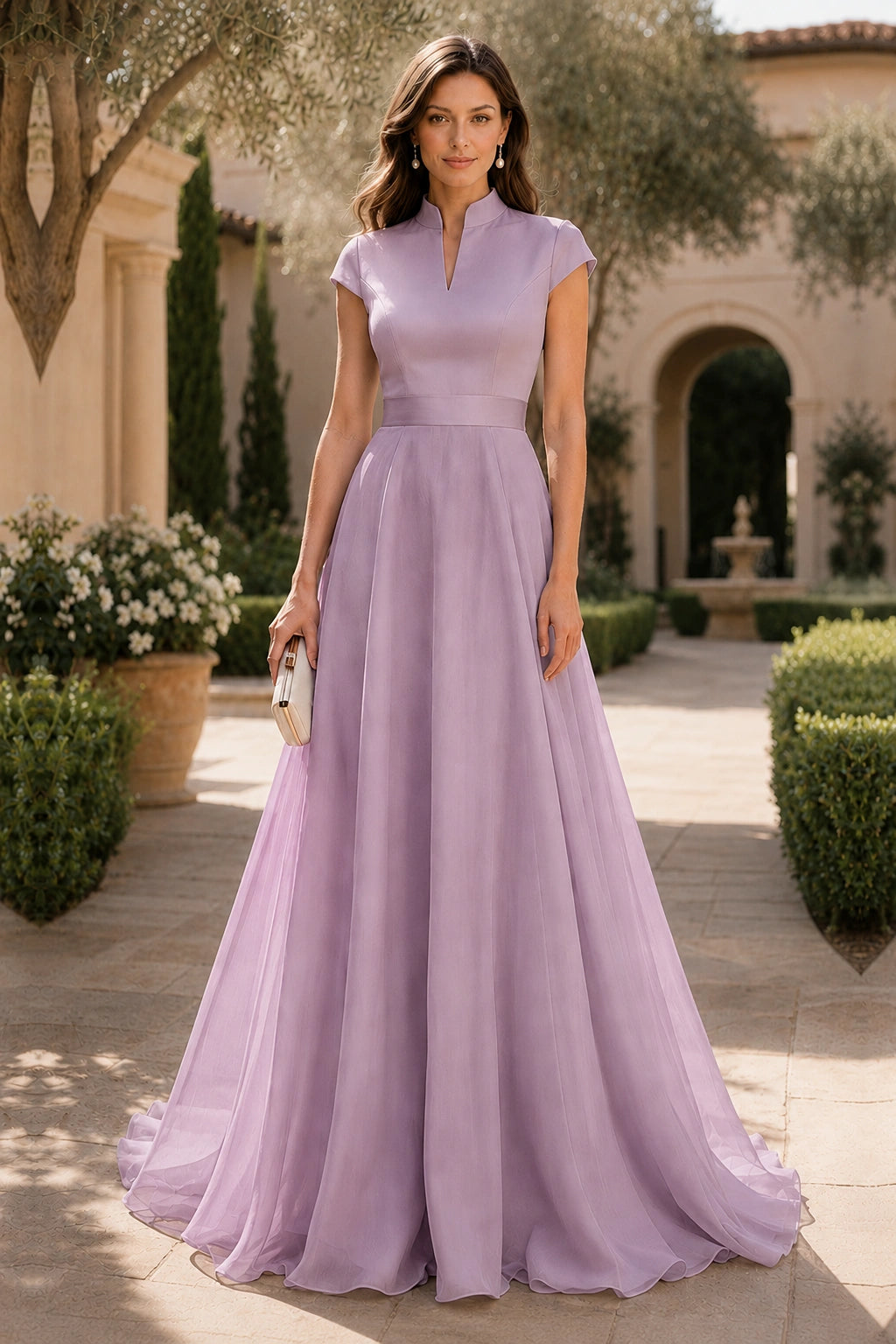 V Neck Cap Sleeve A-Line Floor-Length Satin Bridesmaid Dress