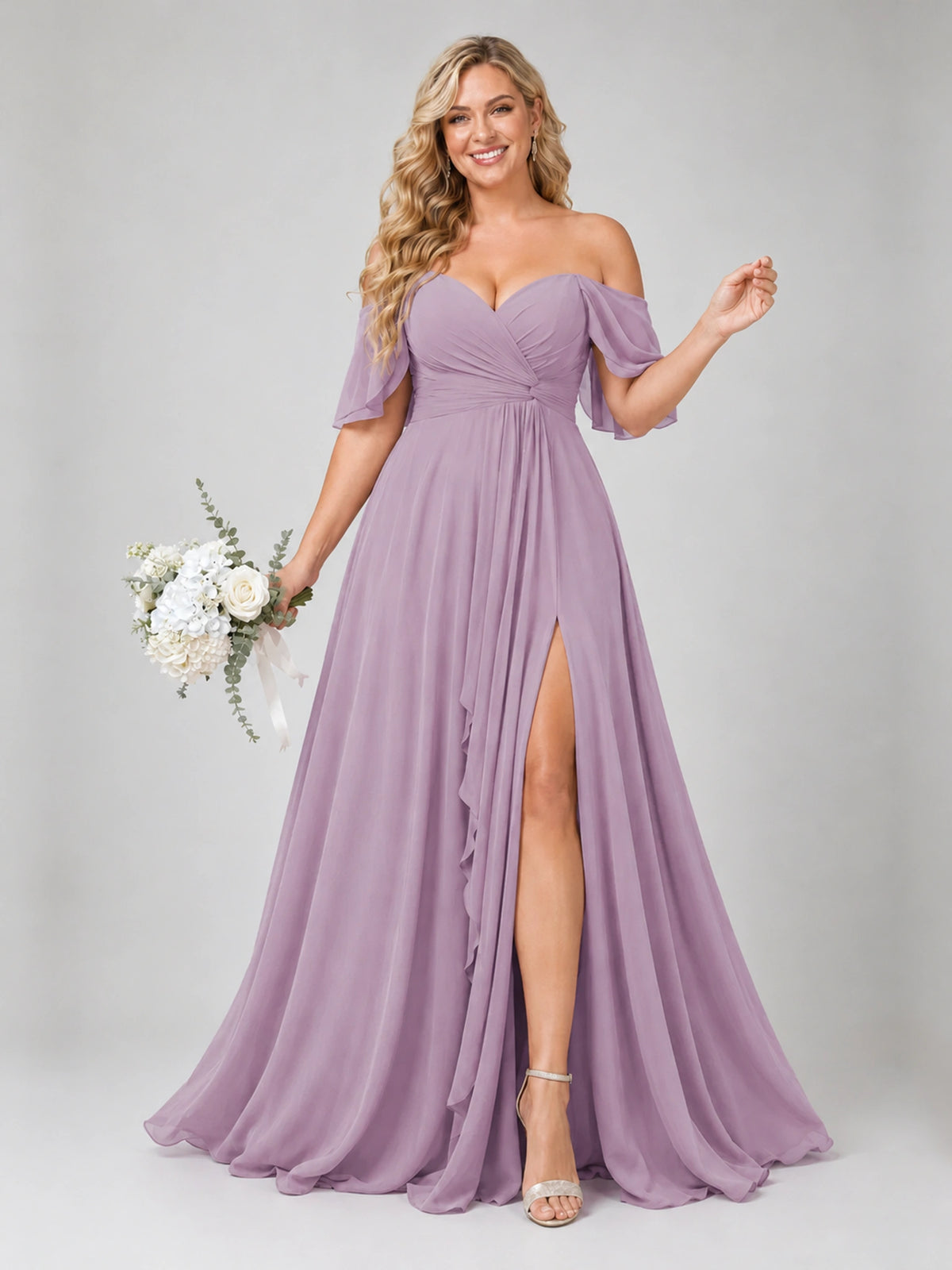 Off Shoulder Chiffon Bridesmaid Dress with Slit