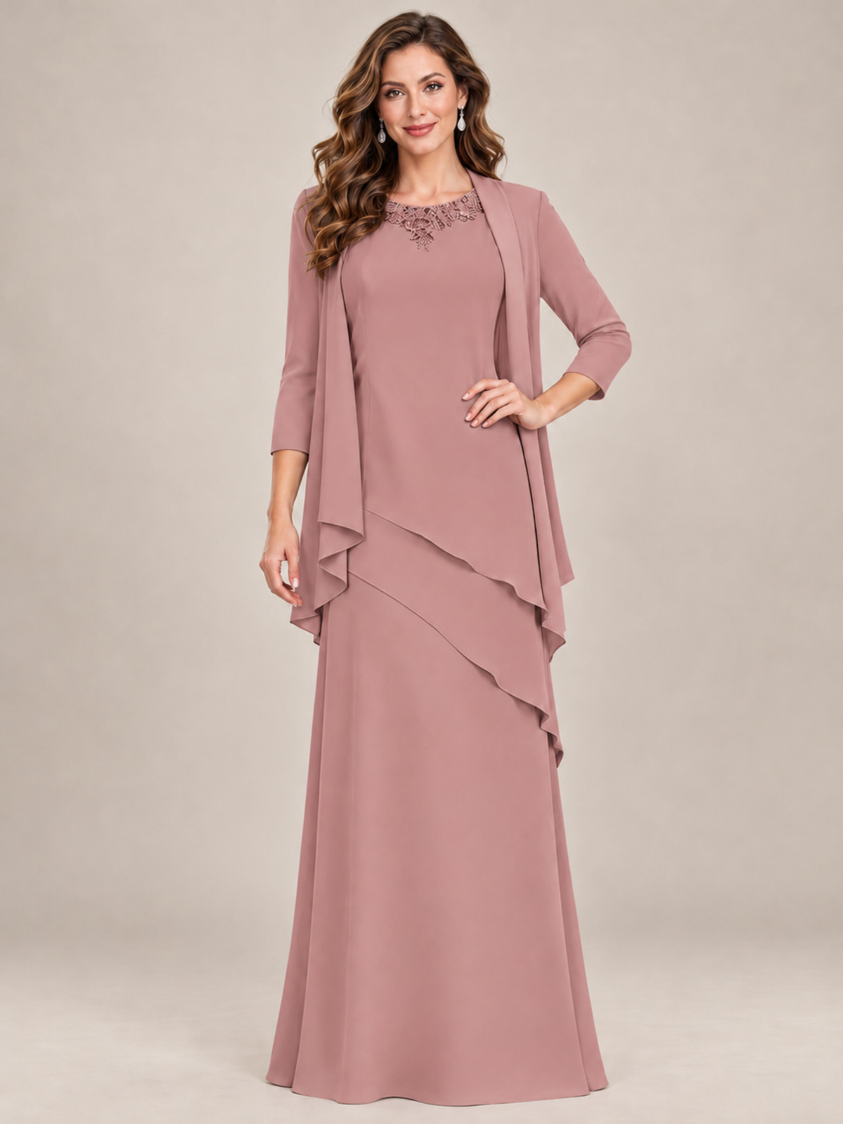 Dusty Blue Two-Piece Chiffon Mother of the Bride Dress with Jacket