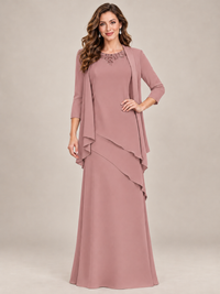Dusty Blue Two-Piece Chiffon Mother of the Bride Dress with Jacket