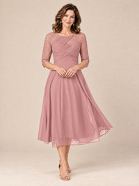 Dusty Blue Tea-Length Mother of the Bride Dress with Lace 3/4 Sleeves