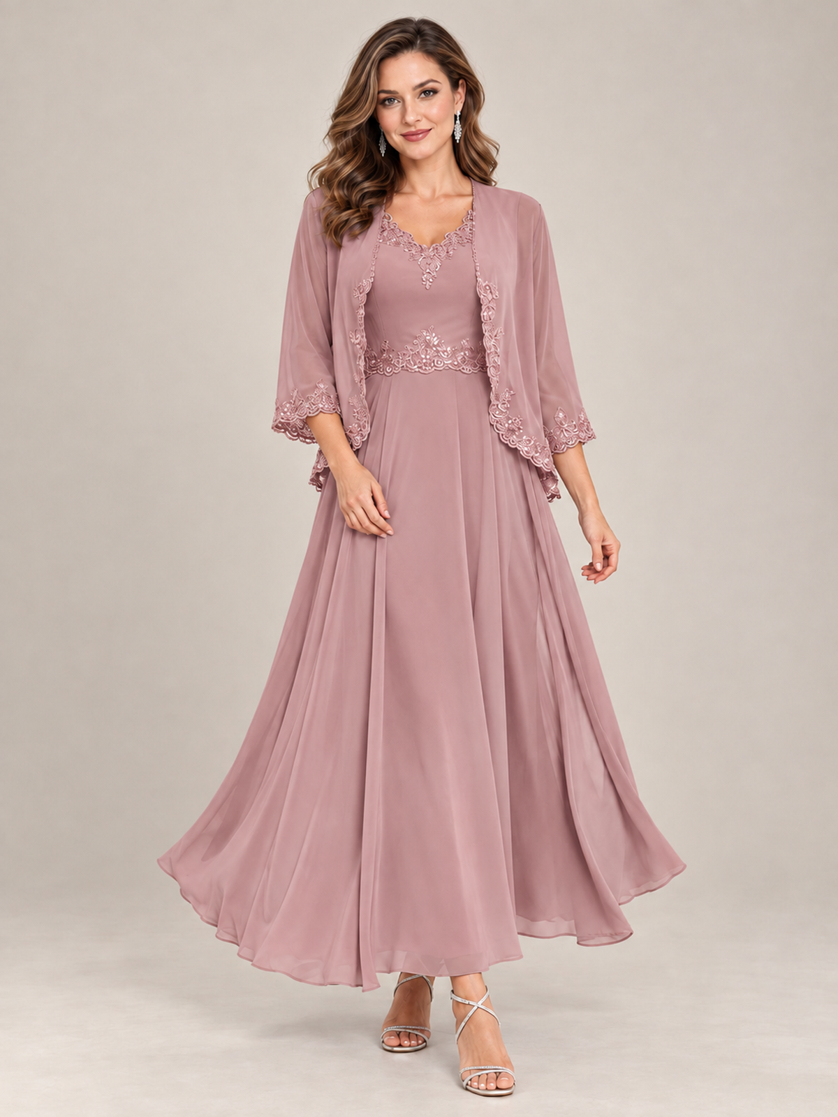 Dusty Blue Floral Lace Chiffon Mother of the Bride Dress with Jacket