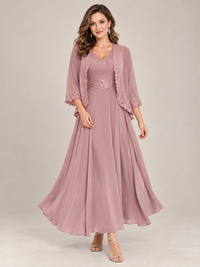 Dusty Blue Floral Lace Chiffon Mother of the Bride Dress with Jacket
