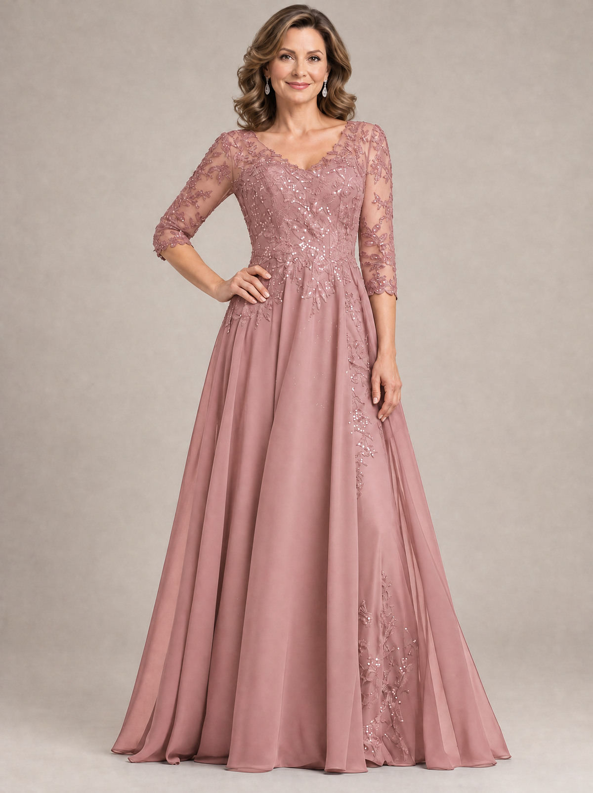 Navy Blue Sequin Lace A-Line Mother of the Bride Dress with 3/4 Sleeves