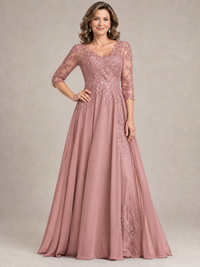 Navy Blue Sequin Lace A-Line Mother of the Bride Dress with 3/4 Sleeves