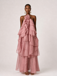 Orange Chiffon Halter Ruffle Maxi Dress with 3D Flower