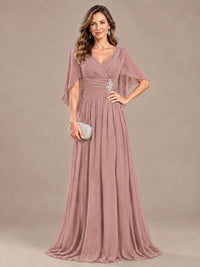 Ruched V Neck Mother of The Bride Dresses with Shawls Appliques and Cap Sleeves