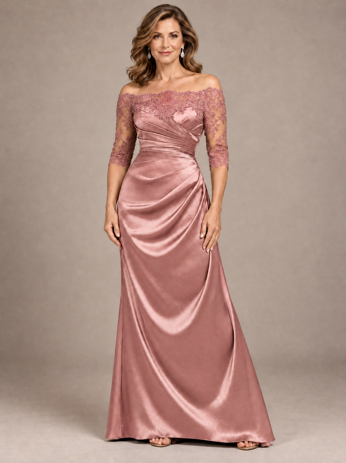 Navy Blue Satin Mother of the Bride Dress with Lace Sleeves Off Shoulder Formal Gown