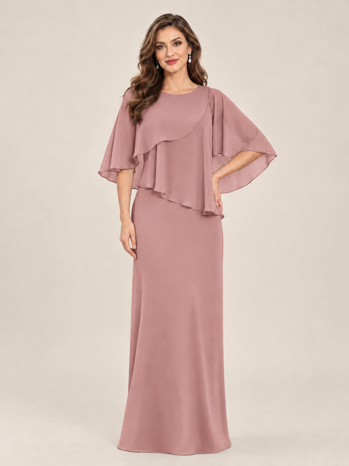 Dusty Blue Cape Sleeve Mother of the Bride Dress with Asymmetrical Overlay