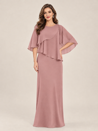 Dusty Blue Cape Sleeve Mother of the Bride Dress with Asymmetrical Overlay