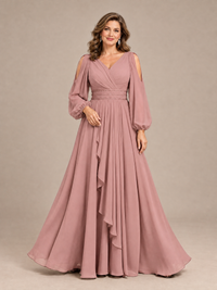 Plum A-Line Mother of the Bride Dress with Cold Shoulder Sleeves
