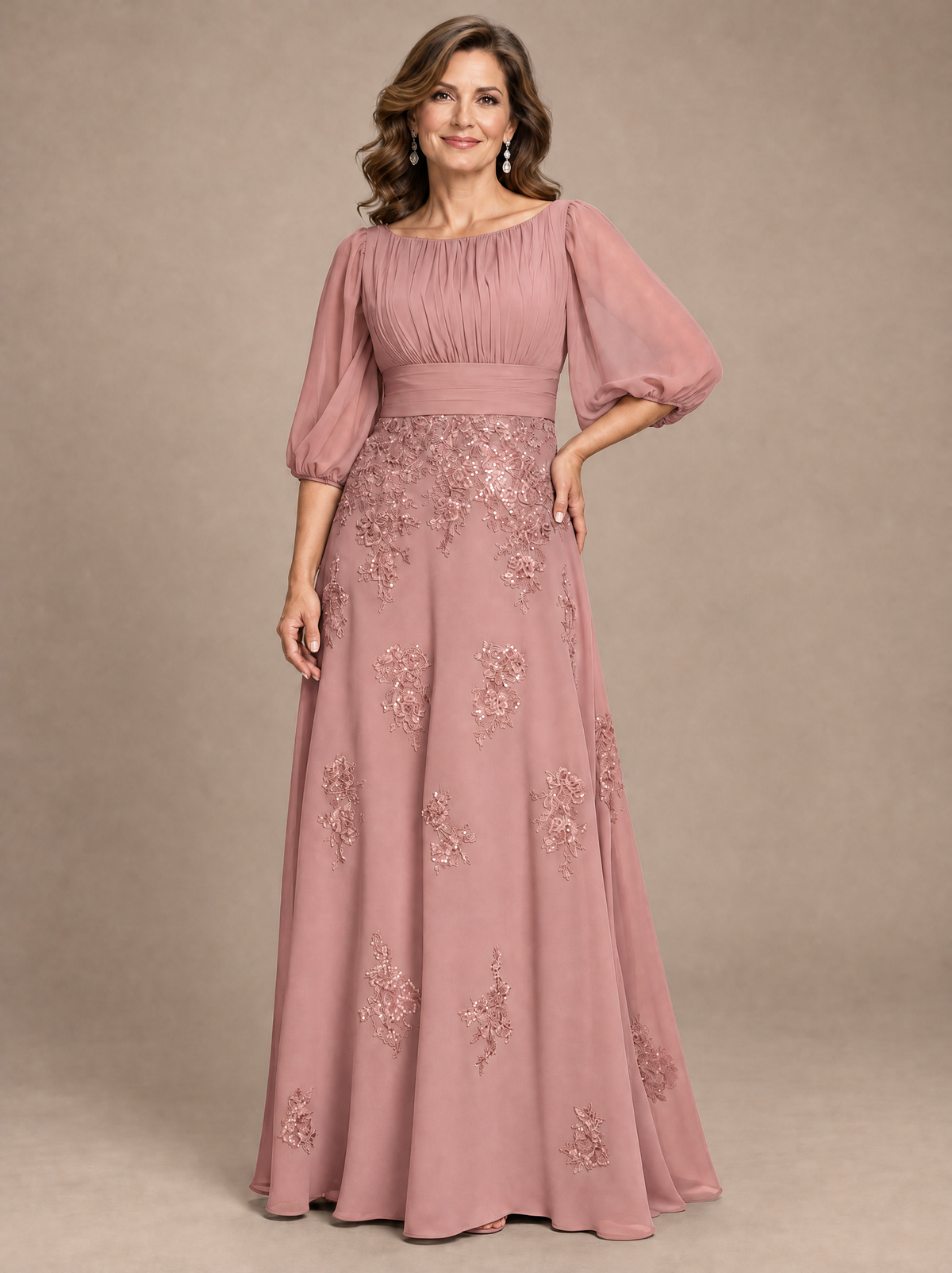 Navy Blue A-Line Mother of the Bride Dress with Sheer Puff Sleeves
