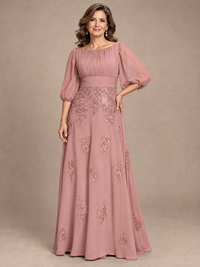 Navy Blue A-Line Mother of the Bride Dress with Sheer Puff Sleeves