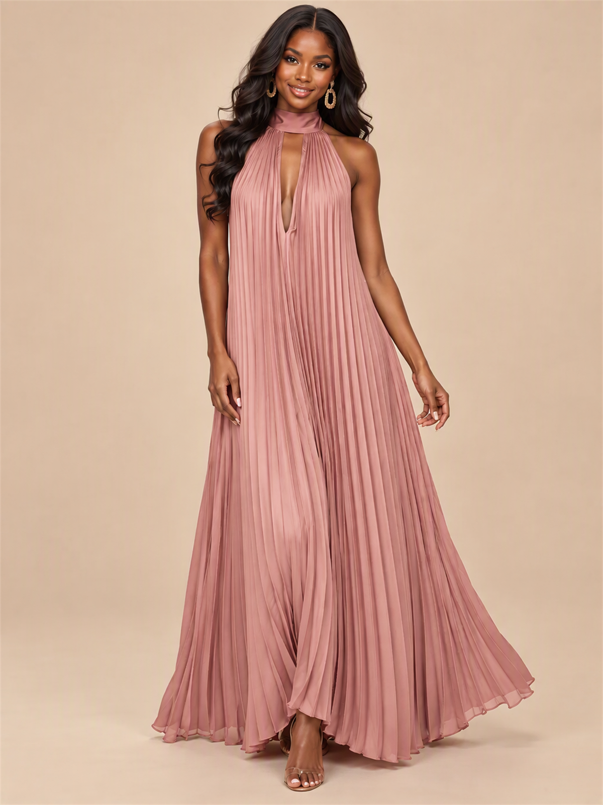 Rust Orange Pleated Halter Neck Maxi Dress