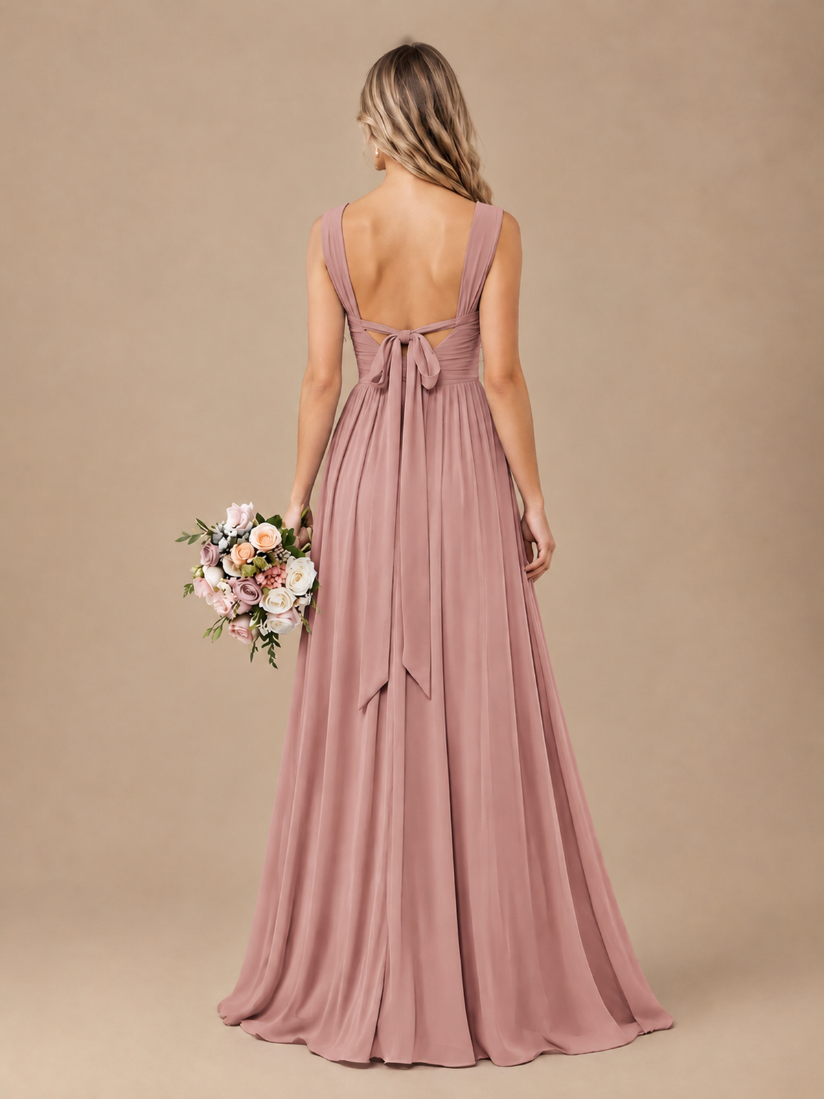 Pleated Chiffon V Neck Wedding Bridesmaid Dresses Floor Length with Slit