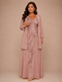 Champagne Beaded Chiffon Mother of the Bride Dress with Jacket V-Neck Gown