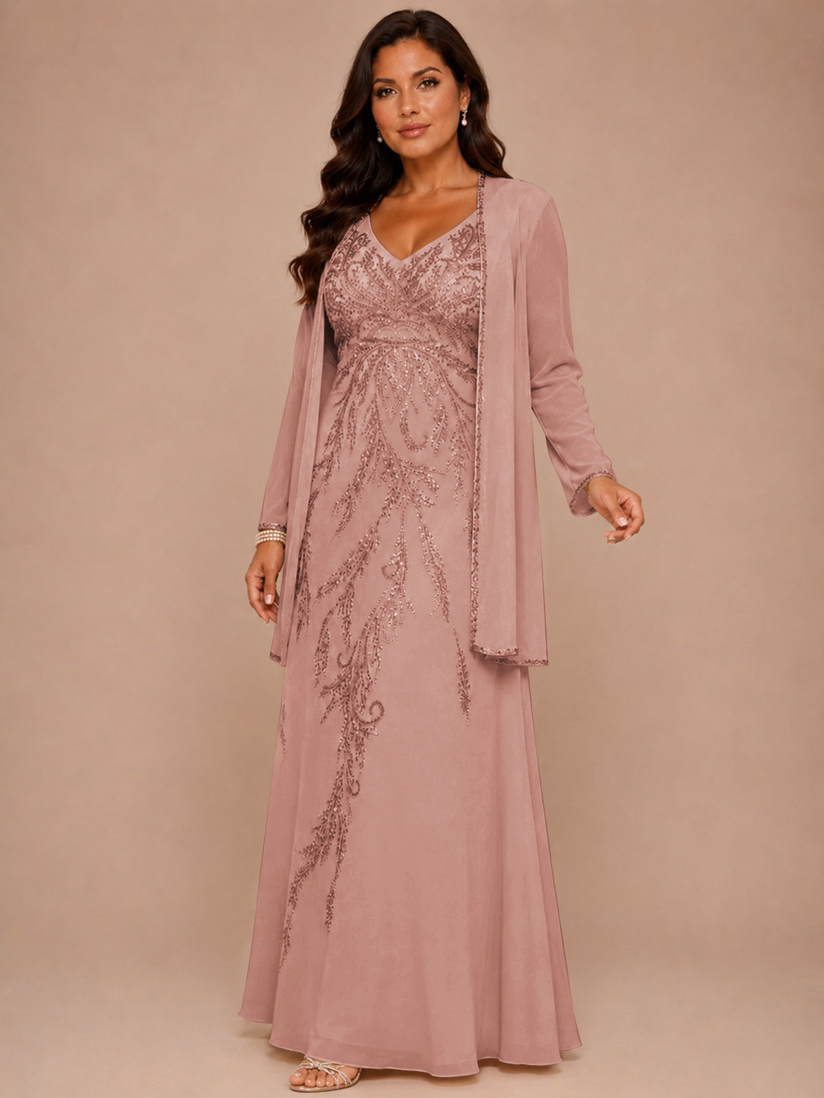 Champagne Beaded Chiffon Mother of the Bride Dress with Jacket V-Neck Gown