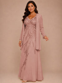 Champagne Beaded Chiffon Mother of the Bride Dress with Jacket V-Neck Gown