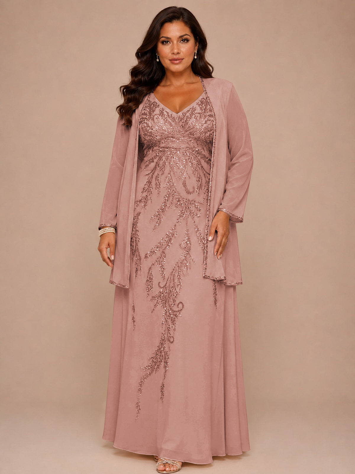 Champagne Beaded Chiffon Mother of the Bride Dress with Jacket V-Neck Gown