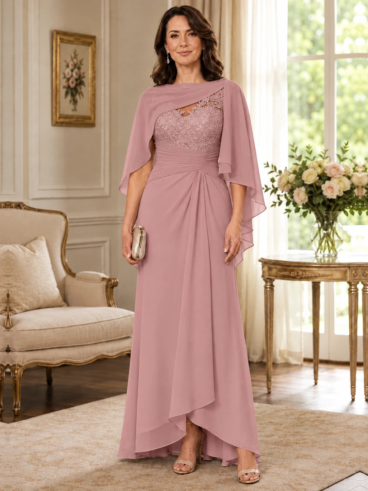 Elegant Chiffon Mother of the Bride Dress with Lace Applique and Cape Sleeves