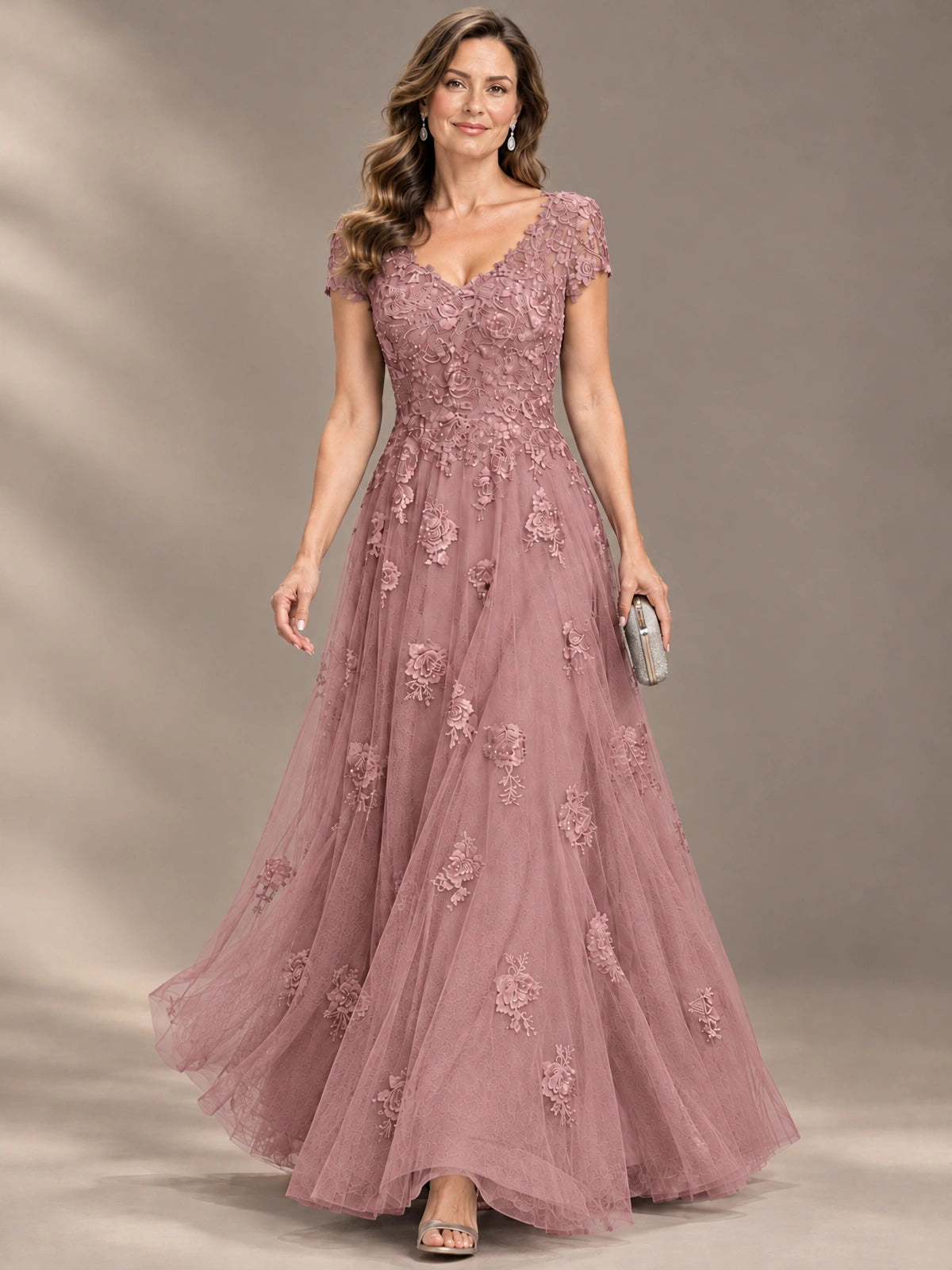Lace Appliques A-line Mother of The Bride Dresses with Short Sleeves