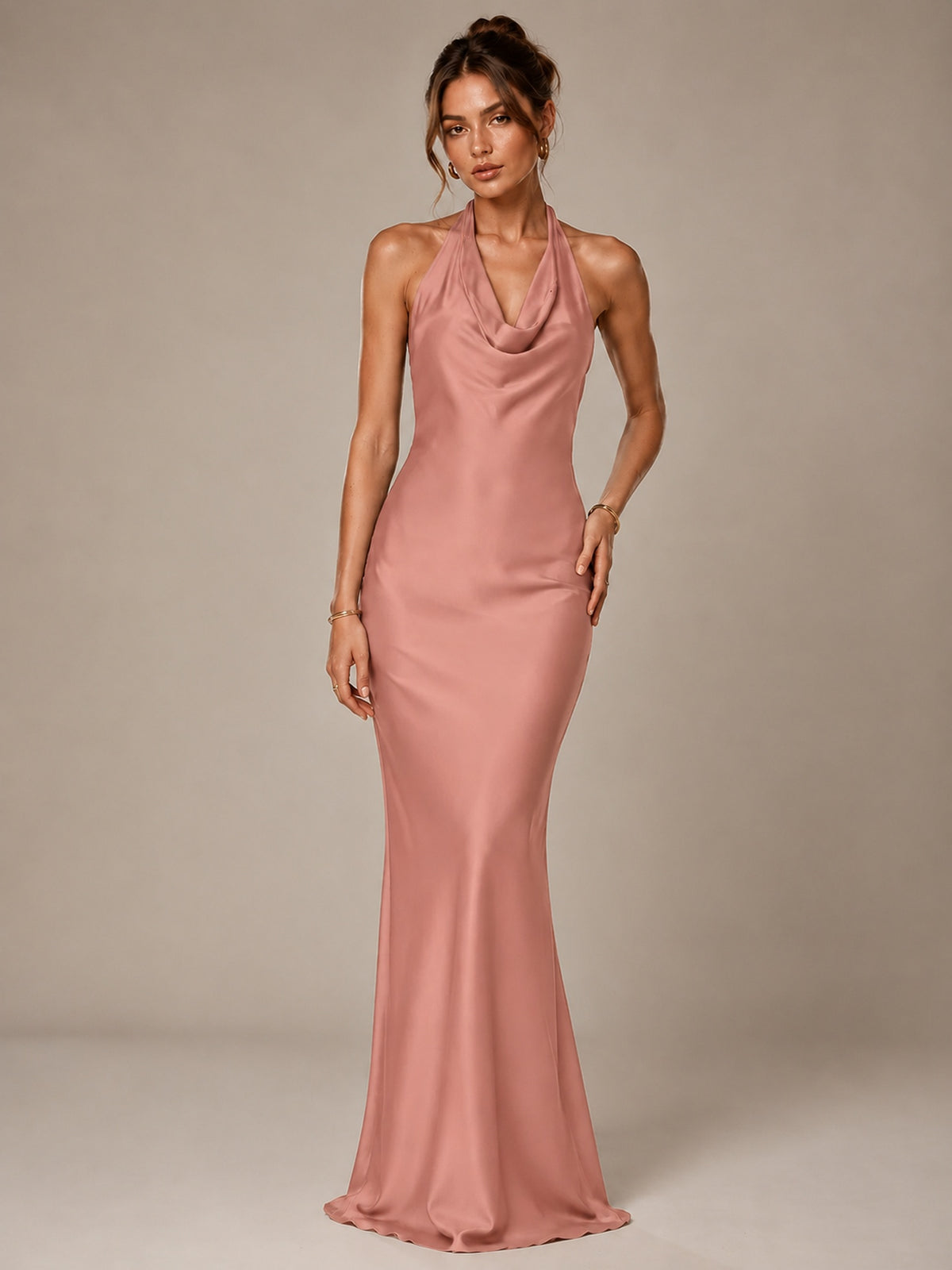 Olive Green Halter Satin Mermaid Maxi Dress