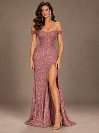 Off the Shoulder Corset Sequin Mermaid Prom Dress with Slit
