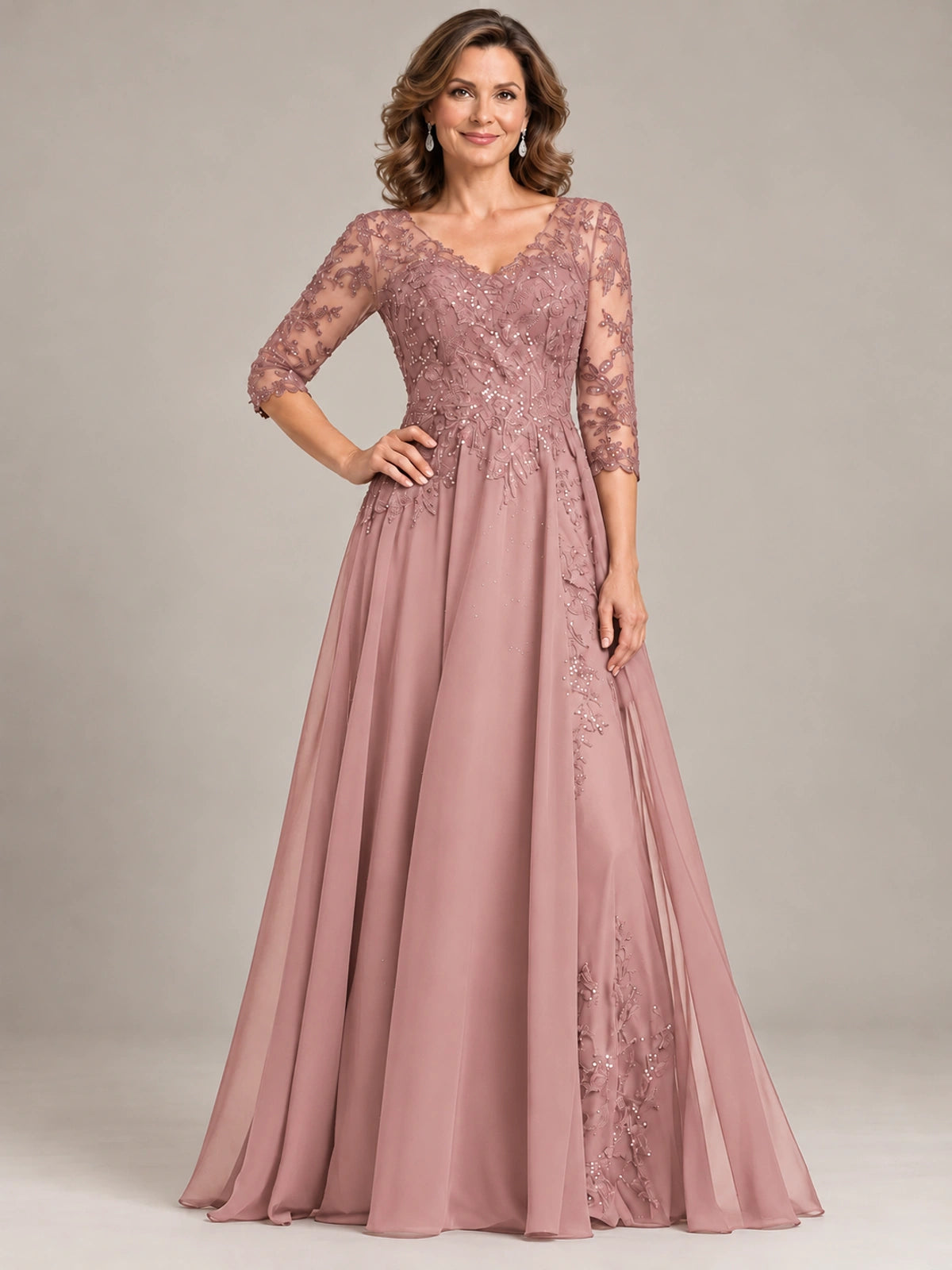 Sequin Lace A-Line Mother of the Bride Dress with 3/4 Sleeves