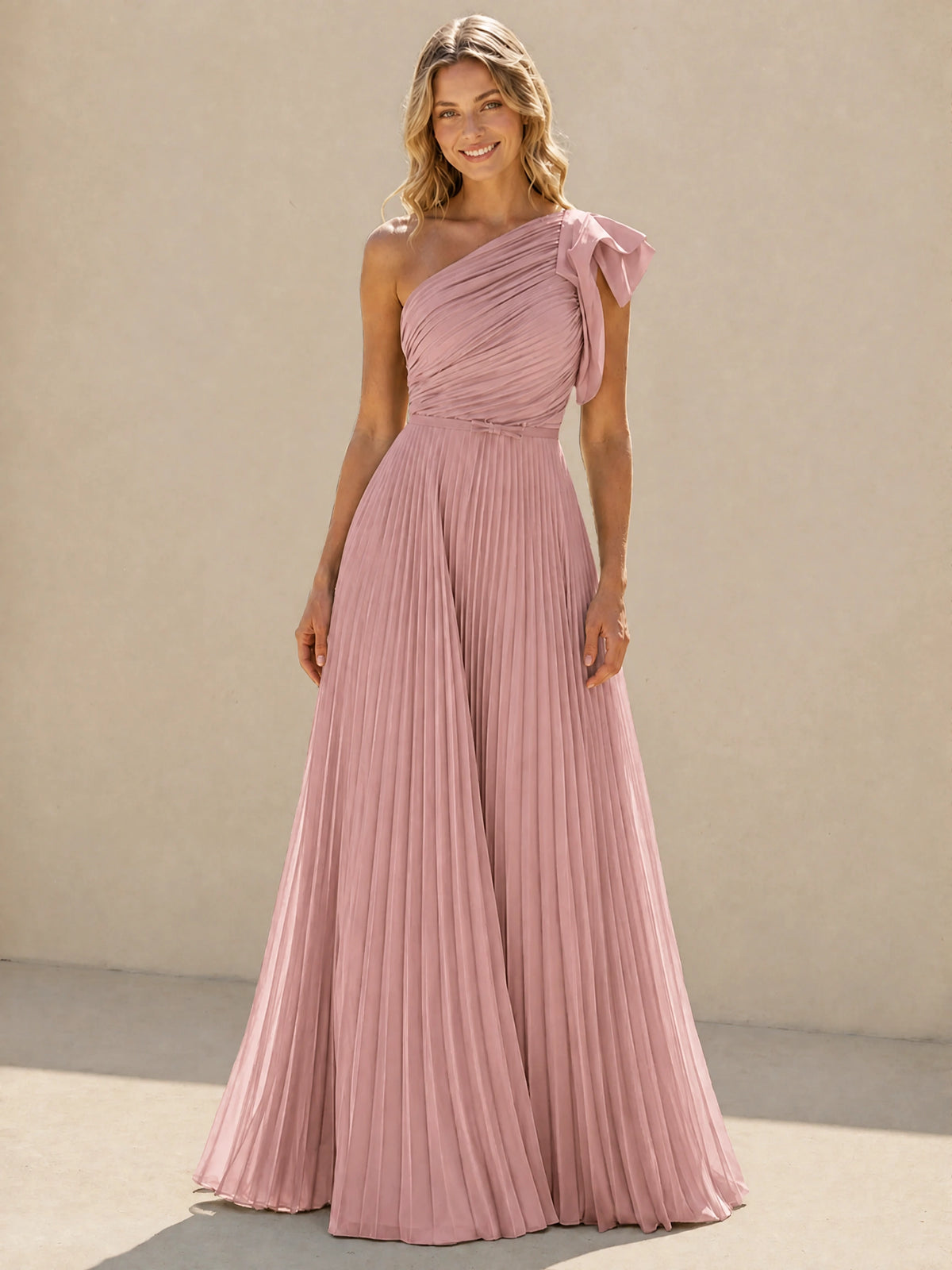 One Shoulder Pleated Chiffon A-Line Floor-Length Bridesmaid Dress