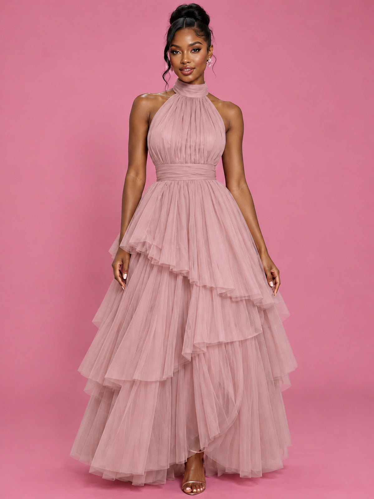 Hot Pink Tulle Halter Neck Tiered Ruffle Maxi Dress