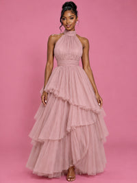 Hot Pink Tulle Halter Neck Tiered Ruffle Maxi Dress
