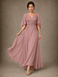 V-Neck Chiffon Lace Mother of the Bride Dress with Flutter Sleeves