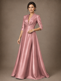 V-Neck Pleated Satin Mother of the Bride Gown with 3/4 Sleeves