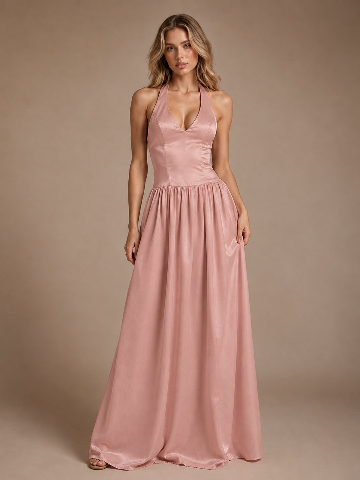 Pink V Neck Halter Satin Maxi Dress