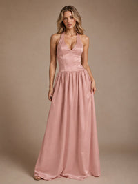 Pink V Neck Halter Satin Maxi Dress