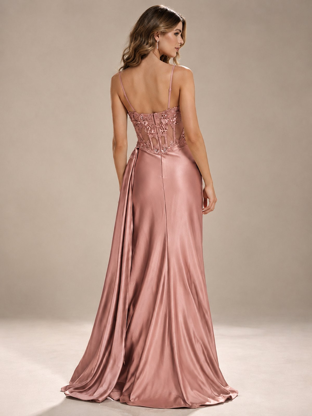 Mermaid Satin Prom Dress with Floral Appliqué Corset and High Slit