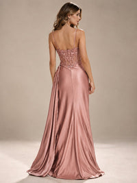 Mermaid Satin Prom Dress with Floral Appliqué Corset and High Slit