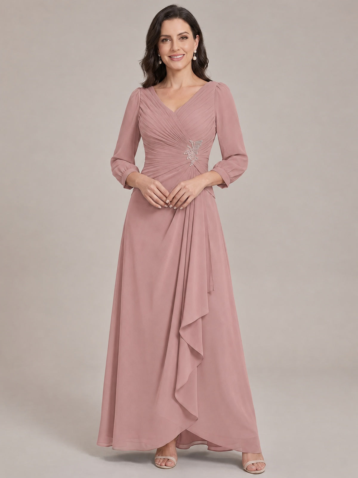 Dusty Rose-Long Sleeve Chiffon Beaded Mother of The Bride Dresses for Women