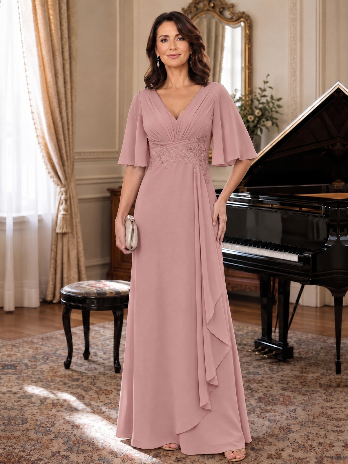 Dusty Rose V-Neck Chiffon Lace Mother of the Bride Dresses with Flutter Sleeve A-line Long Ruffled Evening Formal Wedding Guest Gown