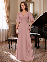 Dusty Rose V-Neck Chiffon Lace Mother of the Bride Dresses with Flutter Sleeve A-line Long Ruffled Evening Formal Wedding Guest Gown