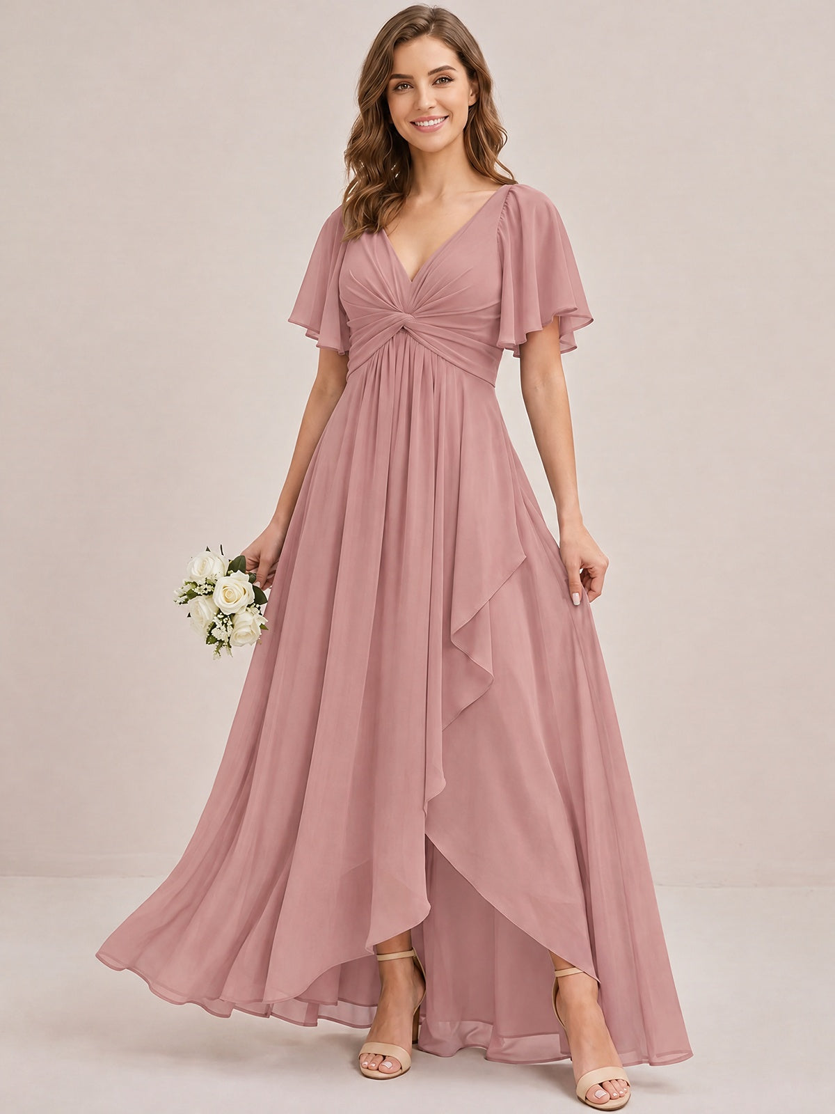 Dusty Blue Chiffon Bridesmaid Dress with Flutter Sleeves & High-Low Hem