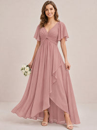 Dusty Blue Chiffon Bridesmaid Dress with Flutter Sleeves & High-Low Hem