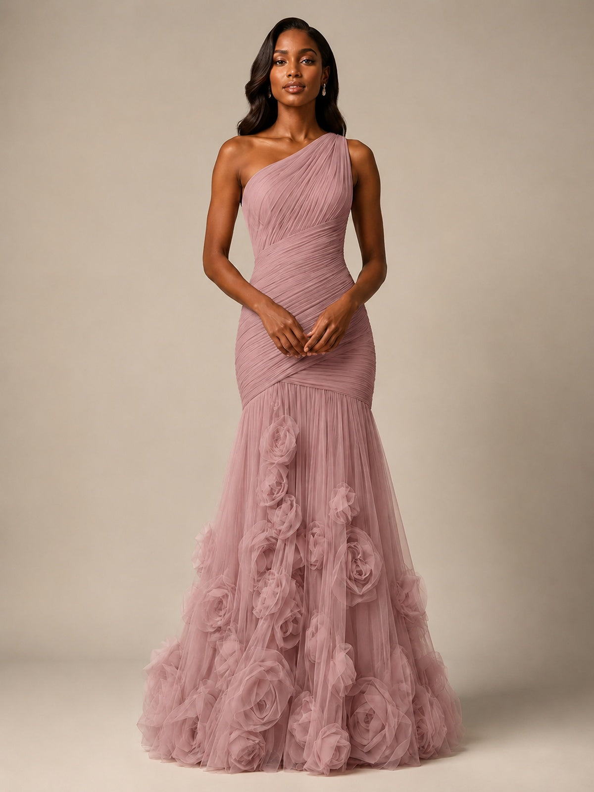 Blush Pink One Shoulder 3D Floral Mermaid Prom Dress