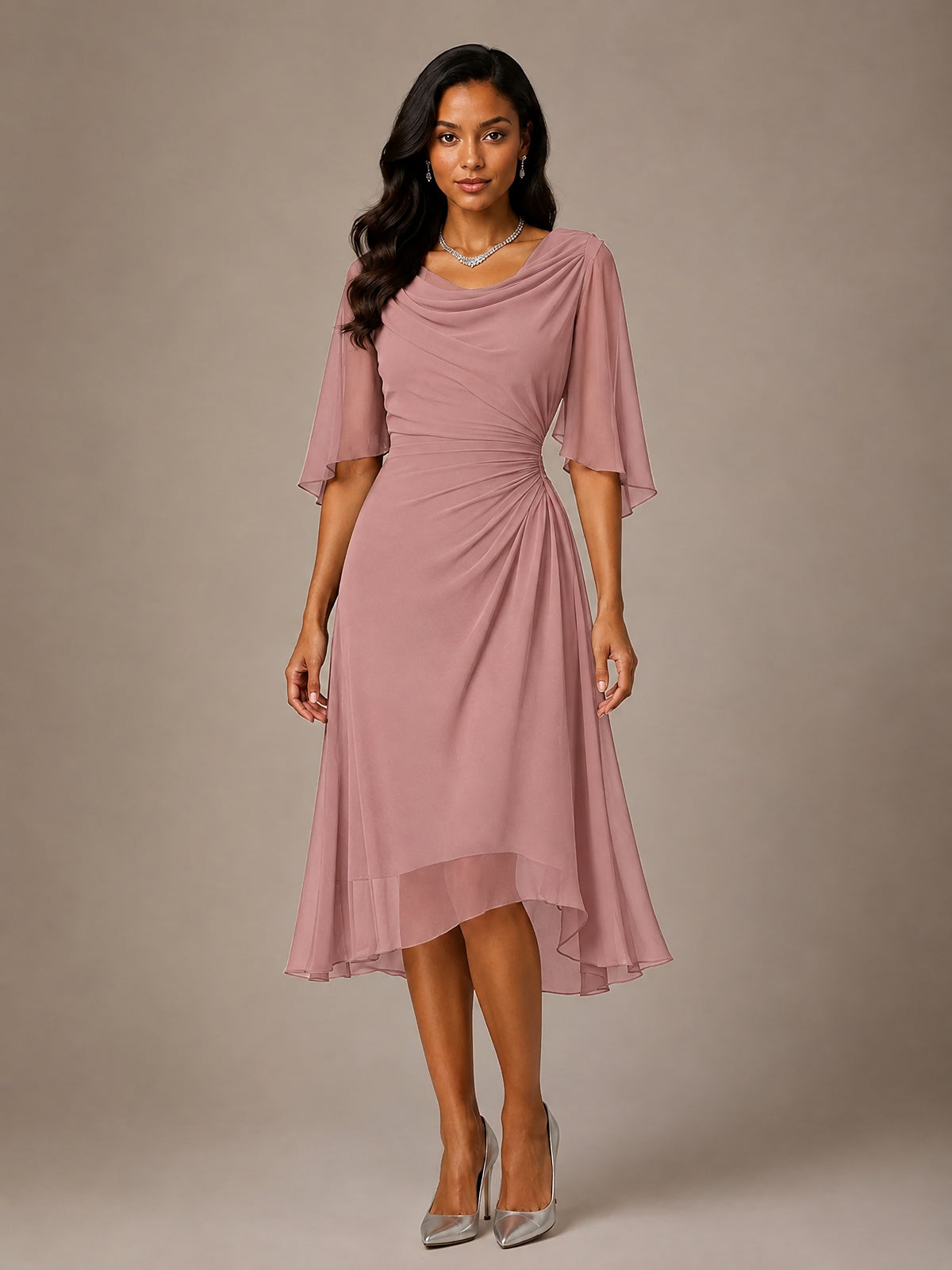 Cowl Neck Ruched Chiffon Mother of the Bride Dresses with Flutter Sleeves