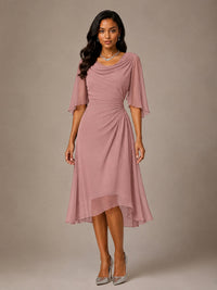 Cowl Neck Ruched Chiffon Mother of the Bride Dresses with Flutter Sleeves