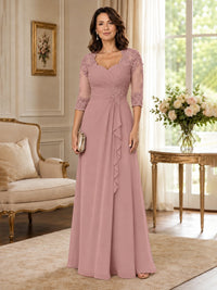 Chiffon Lace Applique Mother of the Bride Dress with 3/4 Sleeves