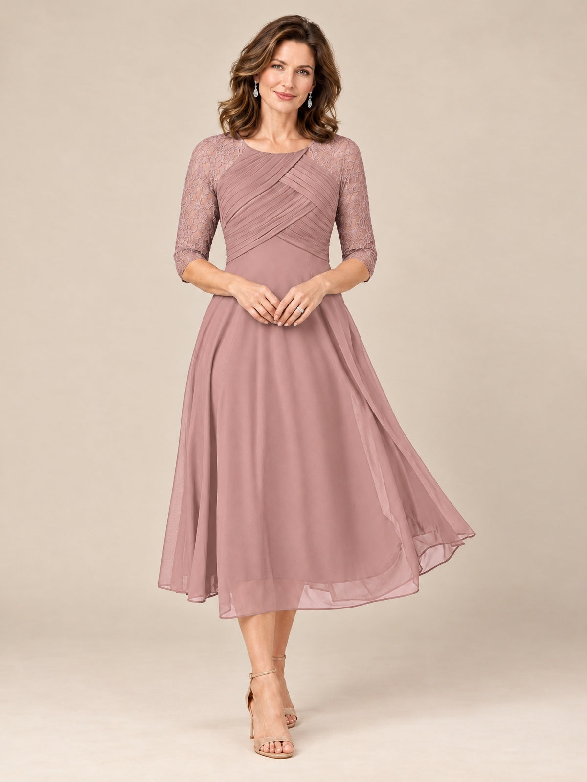 Dusty Rose-Lace Applique Pleated Tea Length Mother of The Bride Dresses