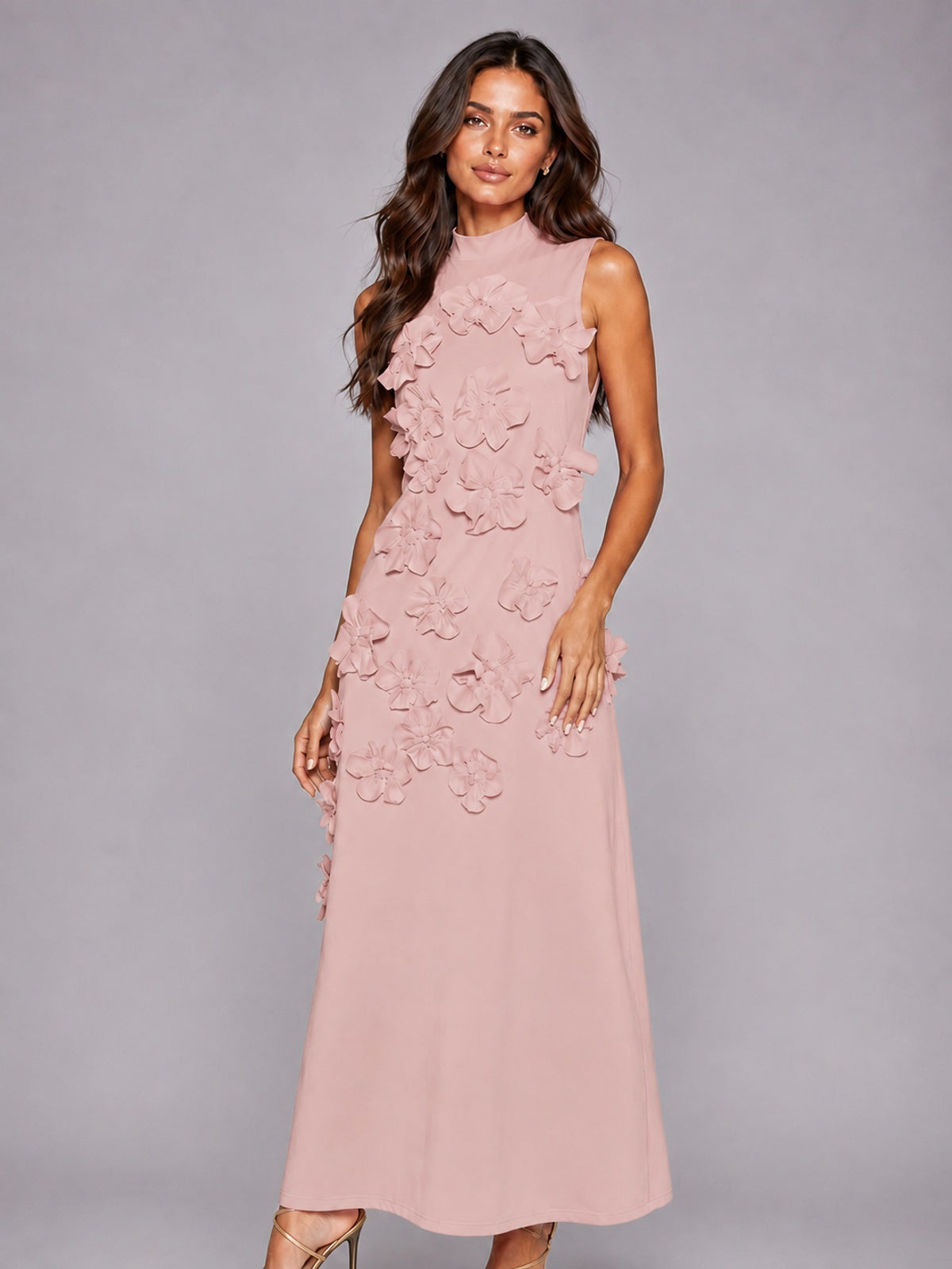 3D Floral Applique High Neck Prom Maxi Dress