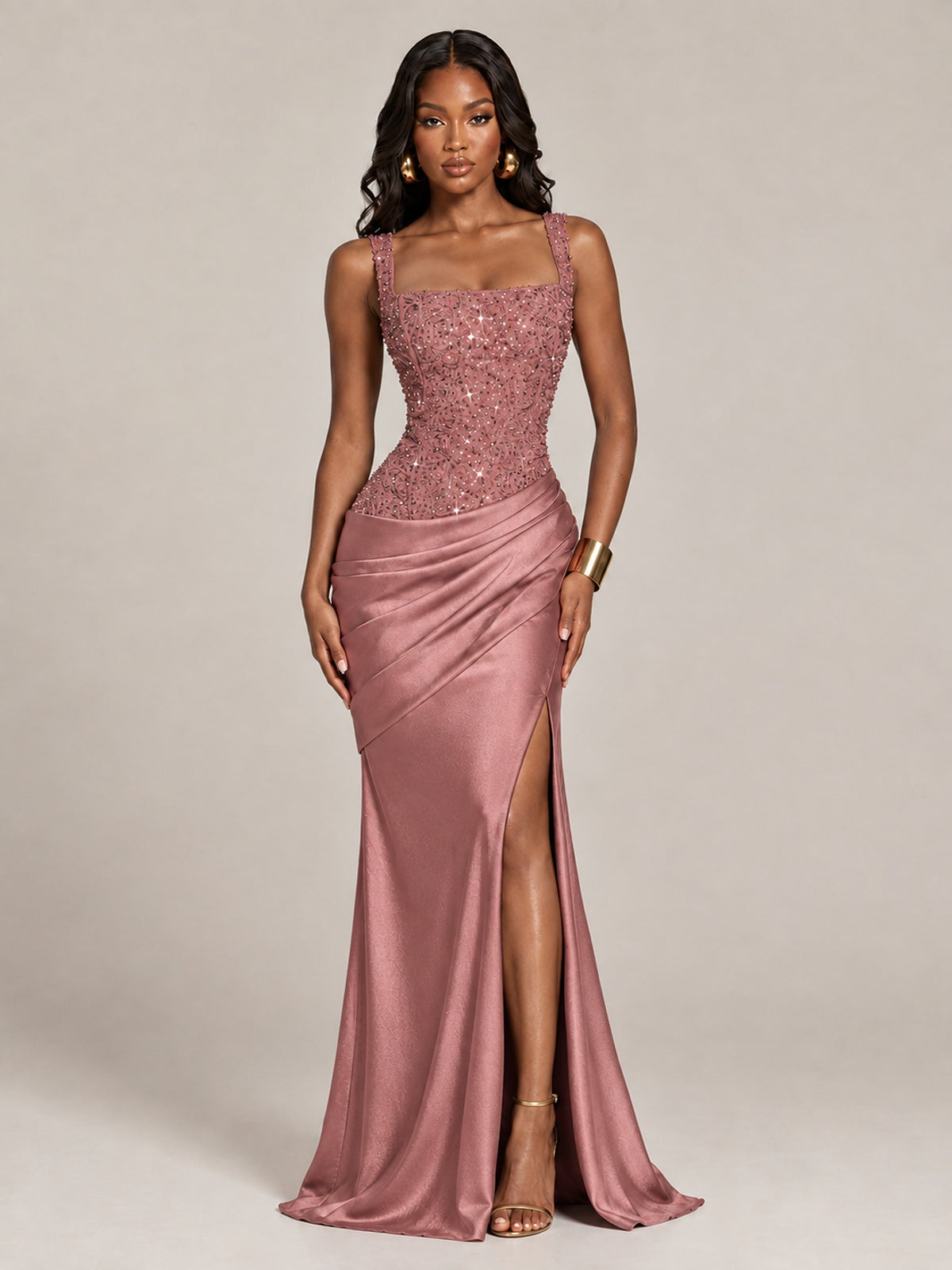 Scoop Neck Sequin Prom Dress with High Slit Satin Formal Gowns